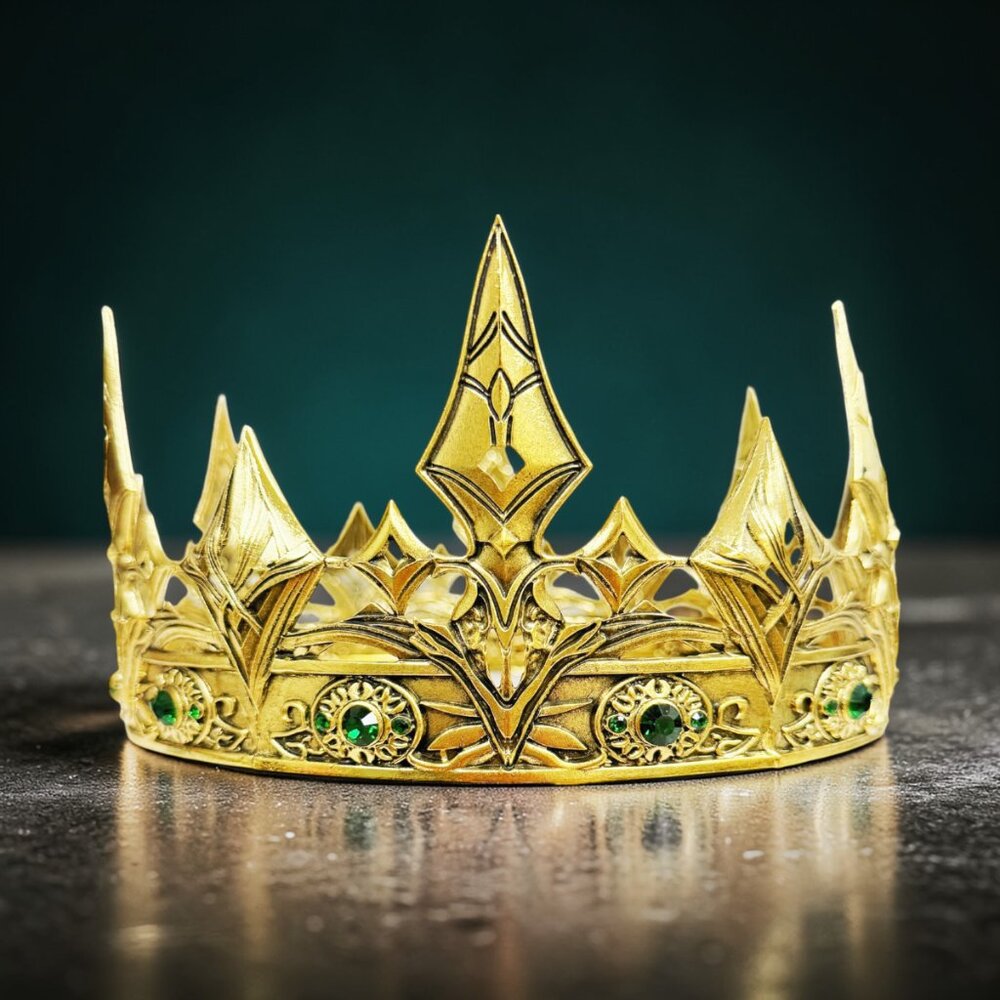 Gold regal crown, prince crown, Renaissance faire, medieval cosplay, green stone